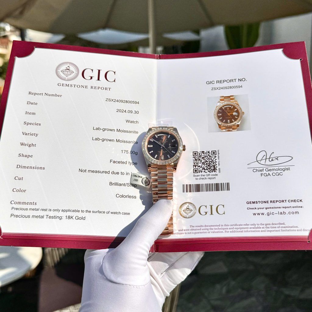 Đồng Hồ Rolex Day-Date Mặt Nâu Phủ Vàng 18K Đính Moissanite Baguette 40mm (2)