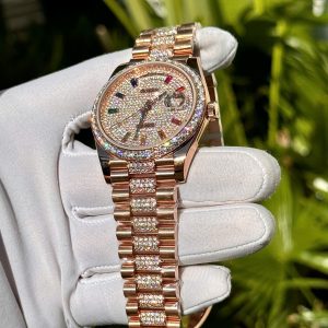 Đồng Hồ Rolex Day-Date Phủ Vàng Đính Moissanite Cọc Số 7 Màu 40mm (8)