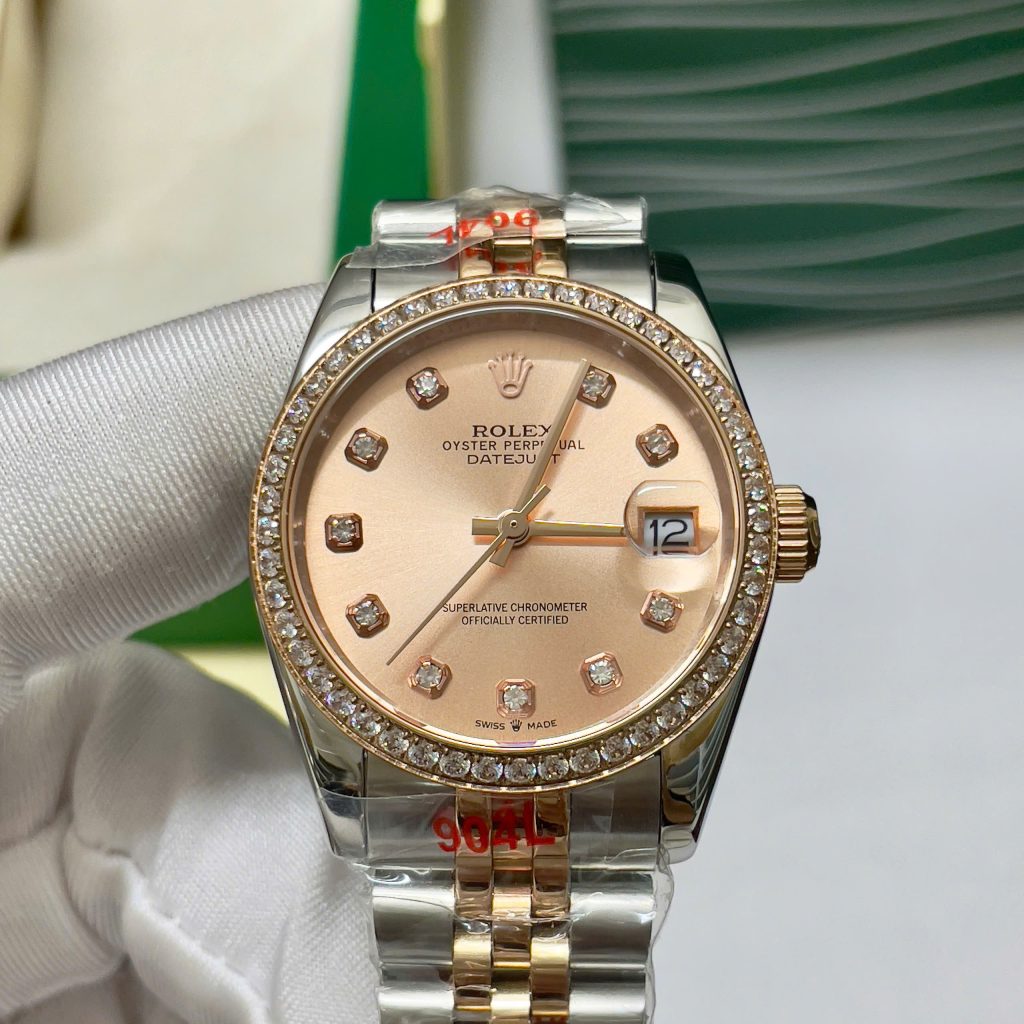 Đồng Hồ Rolex Fake Giá Rẻ Máy Pin Nhật Viền Đính Đá Nữ 31mm (1)