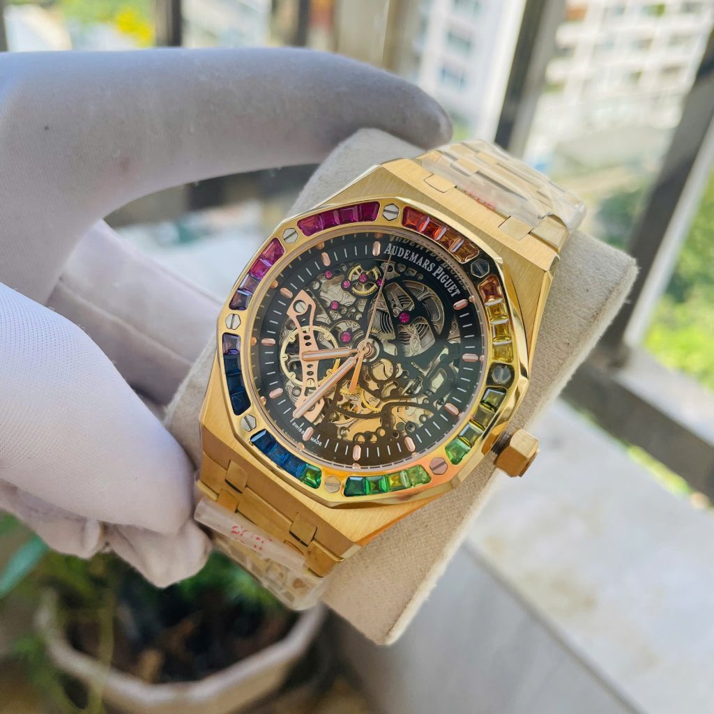 Đồng Hồ Audemars Piguet Fake Máy Cơ Nhật Royal Oak Skeleton Rainbow 41mm (8)