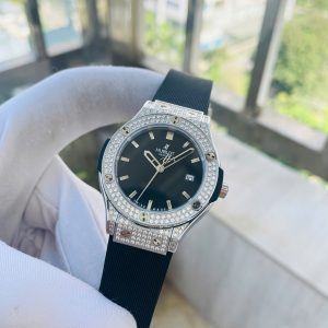 Đồng Hồ Hublot Nữ Đính Đá Dây Cao Su Màu Đen Máy Pin Nhật 34mm (1)
