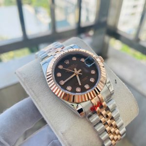 Đồng Hồ Rolex Nữ Dây Kim Loại Fake Máy Nhật DateJust Mặt Nâu 31mm (1)