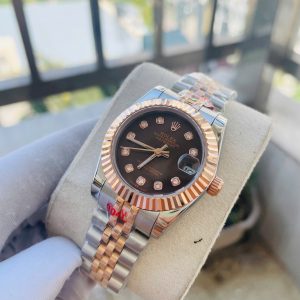Đồng Hồ Rolex Nữ Dây Kim Loại Fake Máy Nhật DateJust Mặt Nâu 31mm (1)