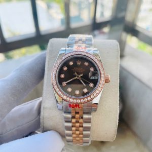 Đồng Hồ Rolex Nữ Đính Đá Fake Máy Nhật DateJust Mặt Nâu 31mm (7)