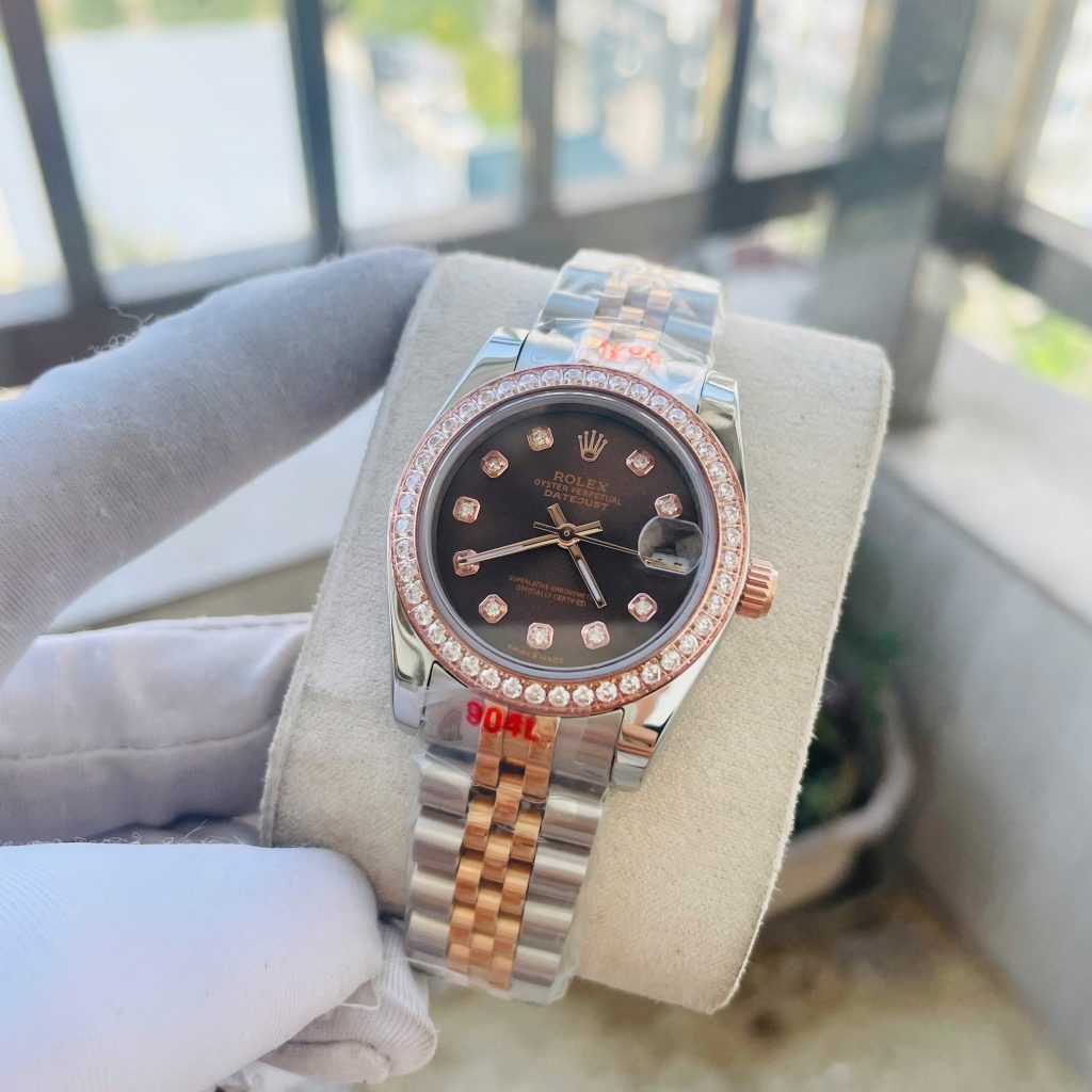 Đồng Hồ Rolex Nữ Đính Đá Fake Máy Nhật DateJust Mặt Nâu 31mm (7)