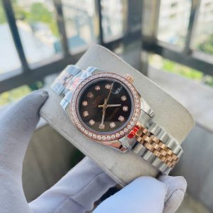 Đồng Hồ Rolex Nữ Đính Đá Fake Máy Nhật DateJust Mặt Nâu 31mm (7)