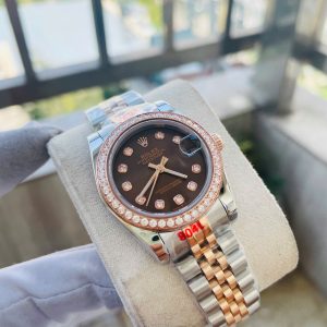 Đồng Hồ Rolex Nữ Đính Đá Fake Máy Nhật DateJust Mặt Nâu 31mm (7)