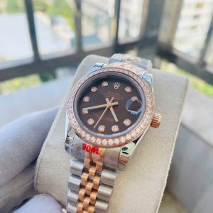 Đồng Hồ Rolex Nữ Đính Đá Fake Máy Nhật DateJust Mặt Nâu 31mm (7)