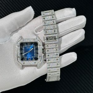 Đồng Hồ Cartier Santos Chế Tác Full Moissanite Hong Kong Mặt Xanh Blue (1)