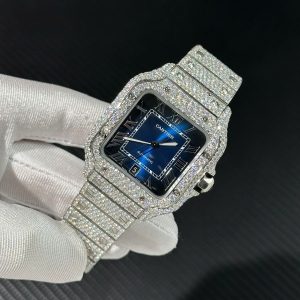 Đồng Hồ Cartier Santos Chế Tác Full Moissanite Hong Kong Mặt Xanh Blue (1)