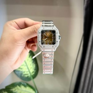Đồng Hồ Cartier Santos Đính Đá Moissanite Hong Kong Mặt Số Nâu Xưởng BV (2)