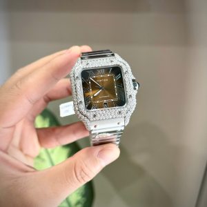 Đồng Hồ Cartier Santos Đính Đá Moissanite Hong Kong Mặt Số Nâu Xưởng BV (2)