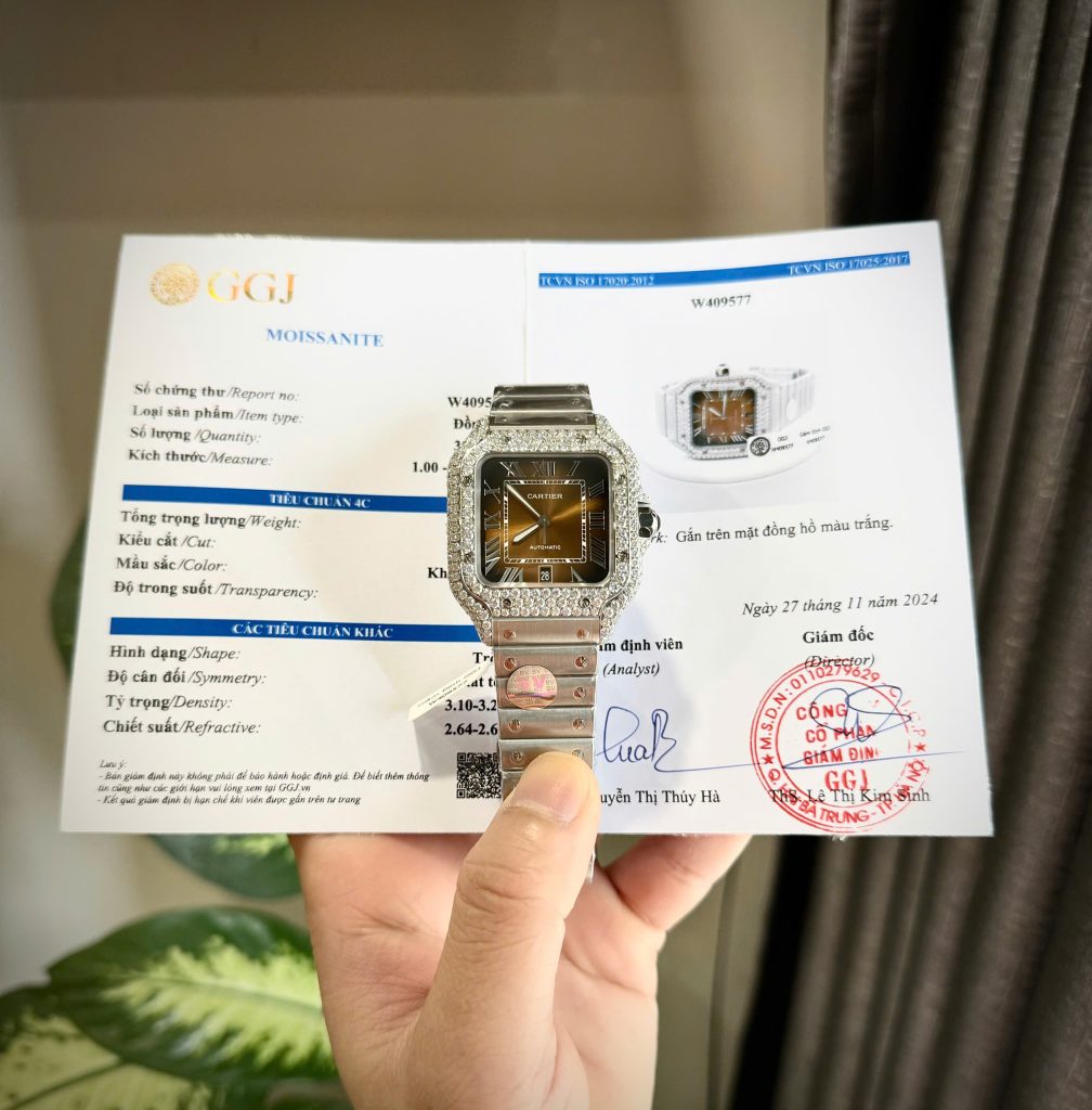 Đồng Hồ Cartier Santos Đính Đá Moissanite Hong Kong Mặt Số Nâu Xưởng BV (2)