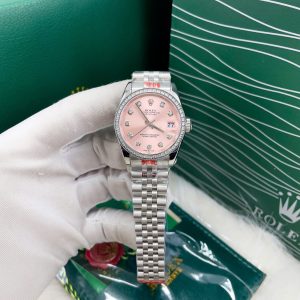 Đồng Hồ Nữ Rolex Fake Cao Cấp Máy Nhật Mặt Hồng Đính Đá DateJust 31mm (1)