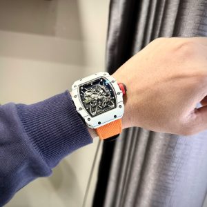 Đồng Hồ Richard Mille RM35-01 Vỏ Carbon Trắng Dây Vải Màu Cam Xưởng BBR (6)