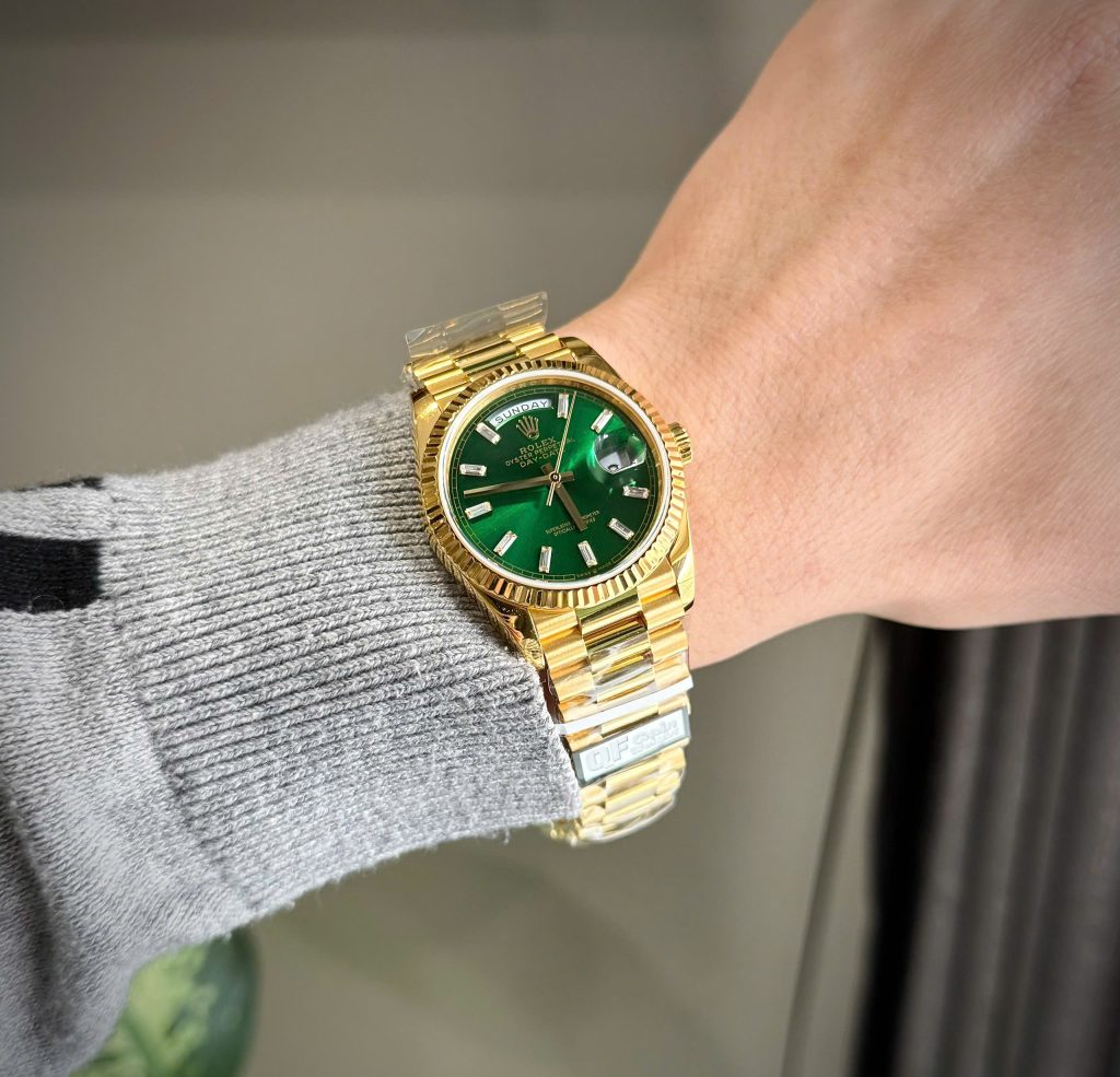 Đồng Hồ Rolex Chế Tác Phủ Vàng Thật Day-Date 128238-0130 Mặt Xanh Lá QF 40mm (8)