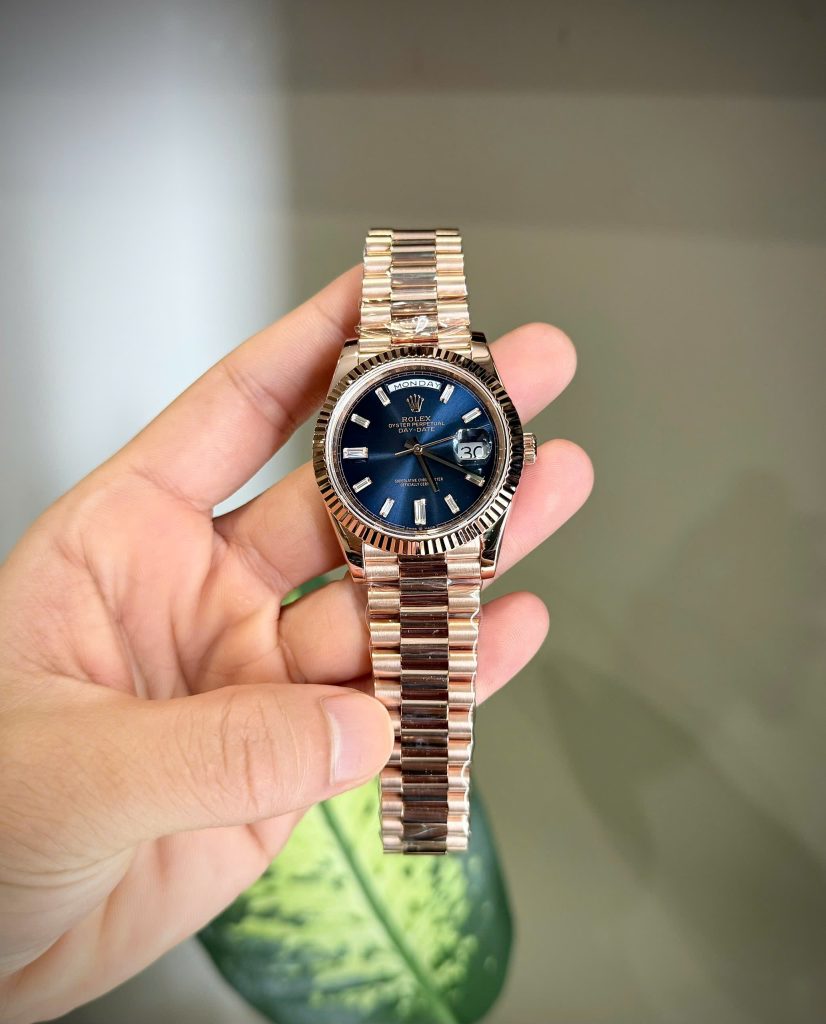 Đồng Hồ Rolex Day-Date Phủ Vàng Hồng 18K Nặng 186 Grams Mặt Xanh Blue Xưởng QF 40mm (6)