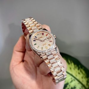 Đồng Hồ Rolex Day-Date Phủ Vàng Hồng Đính Moissanite Hong Kong Xưởng GM 36mm (7)