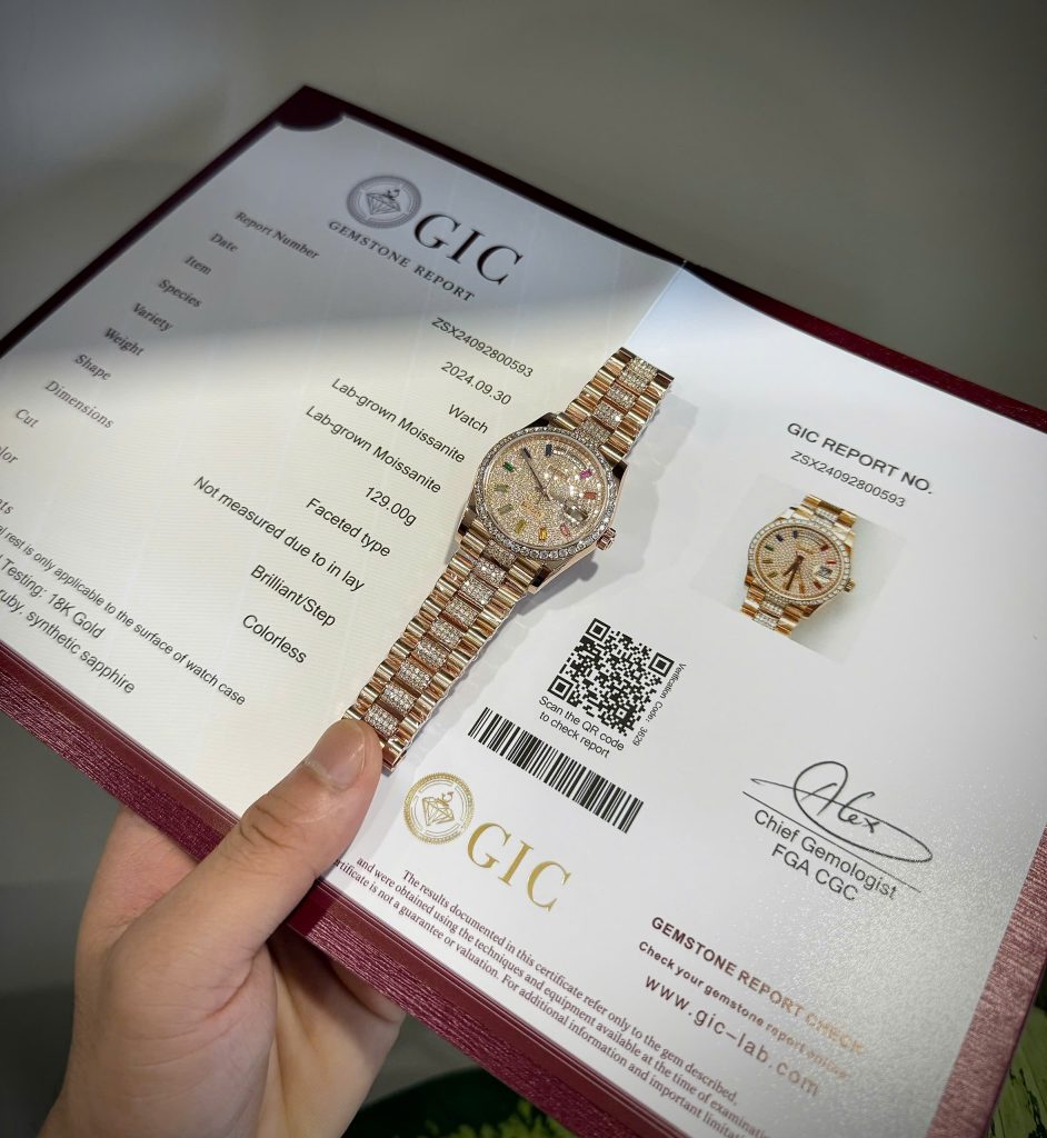 Đồng Hồ Rolex Day-Date Phủ Vàng Hồng Đính Moissanite Hong Kong Xưởng GM 36mm (5)