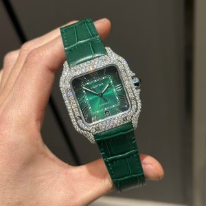 Đồng Hồ Cartier Santos Chế Tác Đá Moissanite Dây Da Màu Xanh Lá BVF (8)