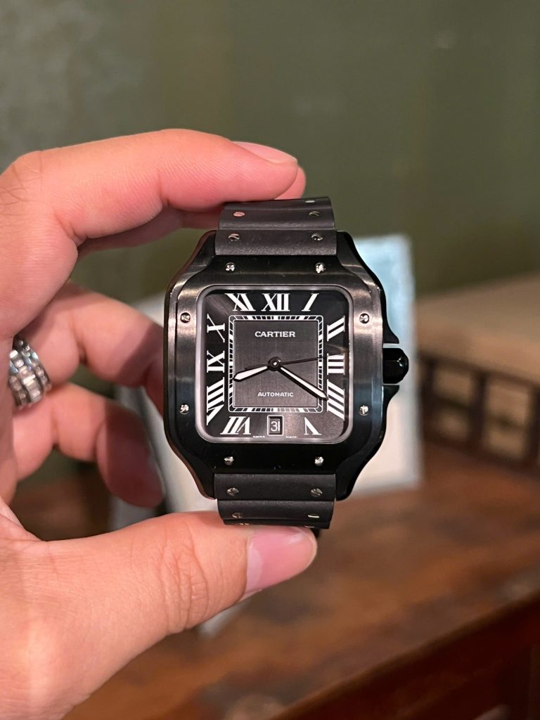 Đồng Hồ Cartier Santos Gốm Đen Dây Cao Su Replica Xưởng BV (9)