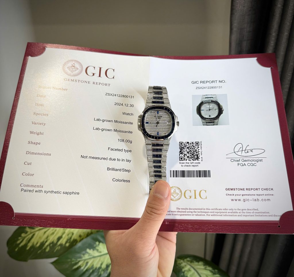 Đồng Hồ Patek Philippe Nautilus 5719 Đính Full Đá Moissanite Viền Sapphire Nhân Tạo 40mm (7)