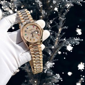 Đồng Hồ Rolex Chế Tác Phủ Vàng Hồng 18K Mặt Số Đính Đá Moissanite Hong Kong 40mm (5)