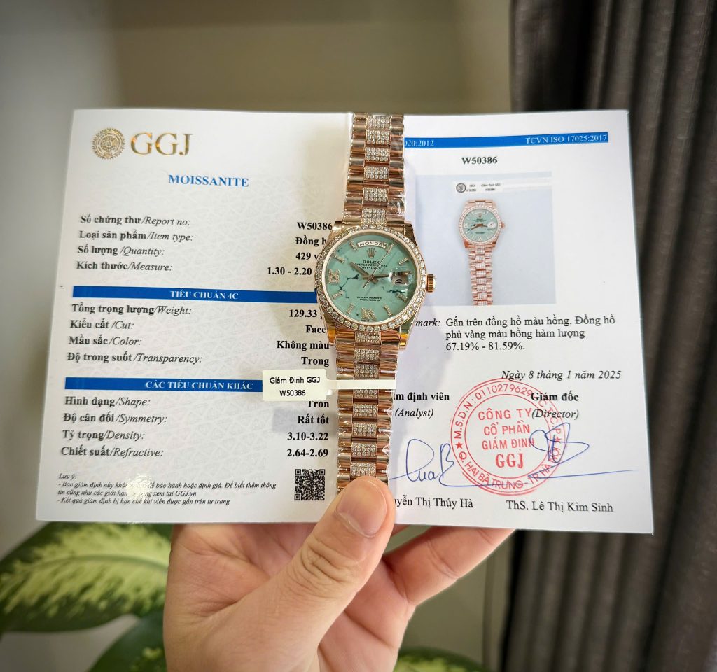 Đồng Hồ Rolex Day-Date 128345RBR Mặt Số Đá Xanh Phủ Vàng Đính Moissanite 36mm (7)