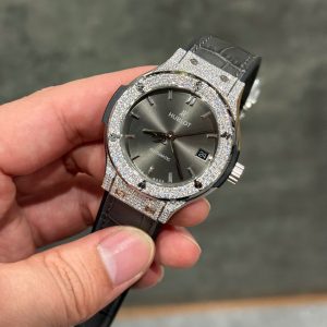 Đồng Hồ Hublot Chế Tác Đá Moissanite Hong Kong Màu Xám Nhà Máy HB 38mm (7)