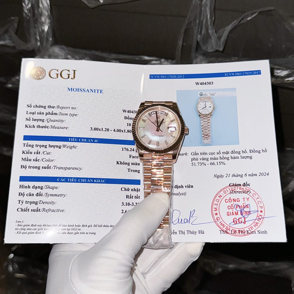Đồng Hồ Rolex Chế Tác Mặt Xà Cừ Tự Nhiên Cọc Số Moissanite Phủ Vàng 18K GM Factory 40mm (8)