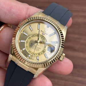 Đồng Hồ Rolex Nam Rep 1:1 Mặt Vàng Sky Dweller Dây Cao Su Màu Đen 42mm (6)