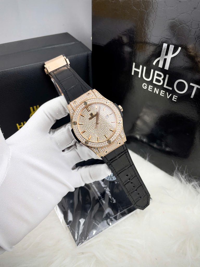 Đồng Hồ Hublot Automatic Nam Đính Full Đá Màu Vàng Hồng Fake Nhật 42mm (1)