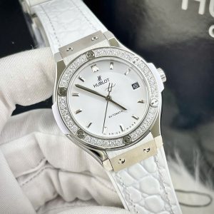 Đồng Hồ Hublot Nữ Dây Cao Su Màu Trắng Đính Đá Máy Cơ Nhật Miyota 8215 33mm (1)