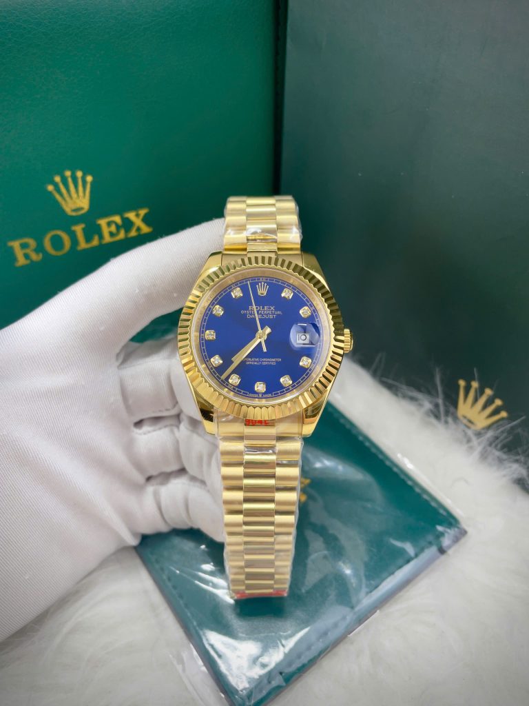 Đồng Hồ Rolex Fake Máy Cơ Nhật DateJust Mặt Xanh Dương Cọc Số Đính Đá 41mm (4)