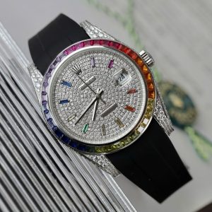 Đồng Hồ Rolex Nam Đính Đá DateJust Rainbow Replica Đính Full Đá Máy Cơ 41mm (5)