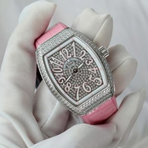 Đồng Hồ Franck Muller Nữ Siêu Cấp Vanguard V32 Đính Đá Dây Cao Su Màu Hồng 36mm (3)