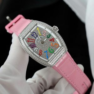 Đồng Hồ Franck Muller Nữ Siêu Cấp Vanguard V32 Đính Full Đá Dây Cao Su Màu Hồng 36mm (10)