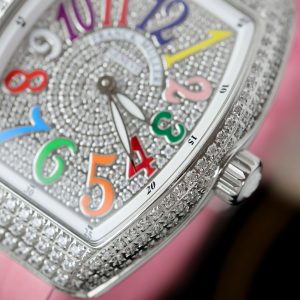 Đồng Hồ Franck Muller Nữ Siêu Cấp Vanguard V32 Đính Full Đá Dây Cao Su Màu Hồng 36mm (10)