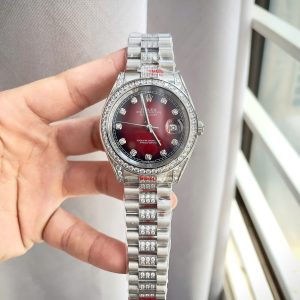 Đồng Hồ Rolex Fake Máy Cơ Nhật Day-Date Mặt Số Màu Đỏ Đính Đá 36-40mm (4)