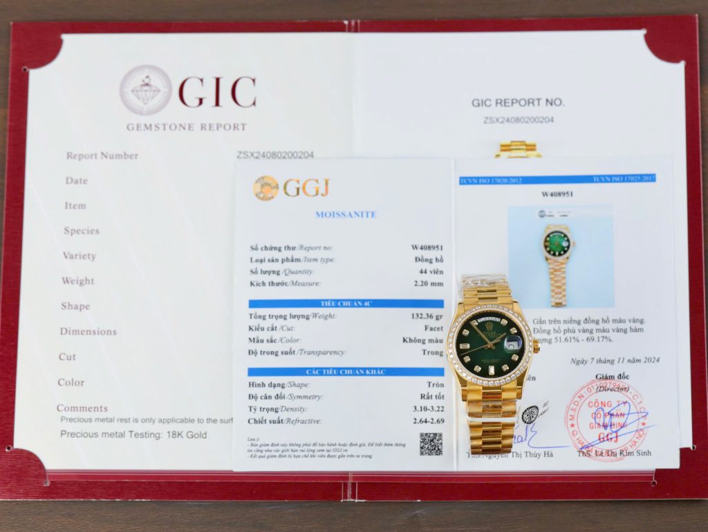 Đồng Hồ Rolex Chế Tác Day-Date 128348 Mặt Xanh Lá Cây Ombre Bọc Vàng 18K Vành Đính Moissanite 36mm (2)