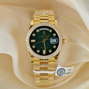 Đồng Hồ Rolex Chế Tác Day-Date 128348 Mặt Xanh Lá Cây Ombre Bọc Vàng 18K Vành Đính Moissanite 36mm (2)