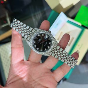 Đồng Hồ Rolex DateJust Chế Tác Mặt Đen Đính Full Đá Moissanite HongKong 41mm (2)