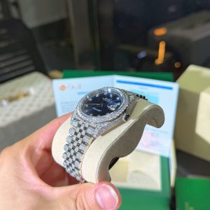 Đồng Hồ Rolex DateJust Chế Tác Mặt Xanh Dương Đính Full Đá Moissanite HongKong 41mm (2)