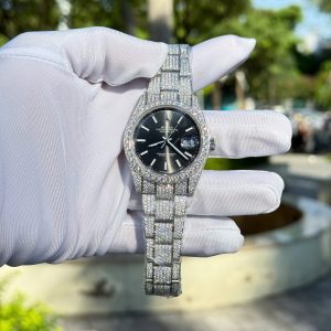 Đồng Hồ Rolex DateJust Mặt Đen Chế Tác Đính Full Đá Moissanite Hong Kong 41mm (2)