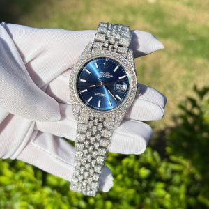 Đồng Hồ Rolex DateJust Mặt Xanh Dương Chế Tác Đính Full Đá Moissanite Hong Kong 41mm (2)