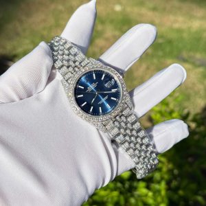 Đồng Hồ Rolex DateJust Mặt Xanh Dương Chế Tác Đính Full Đá Moissanite Hong Kong 41mm (2)