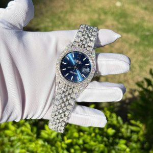 Đồng Hồ Rolex DateJust Mặt Xanh Dương Chế Tác Đính Full Đá Moissanite Hong Kong 41mm (2)