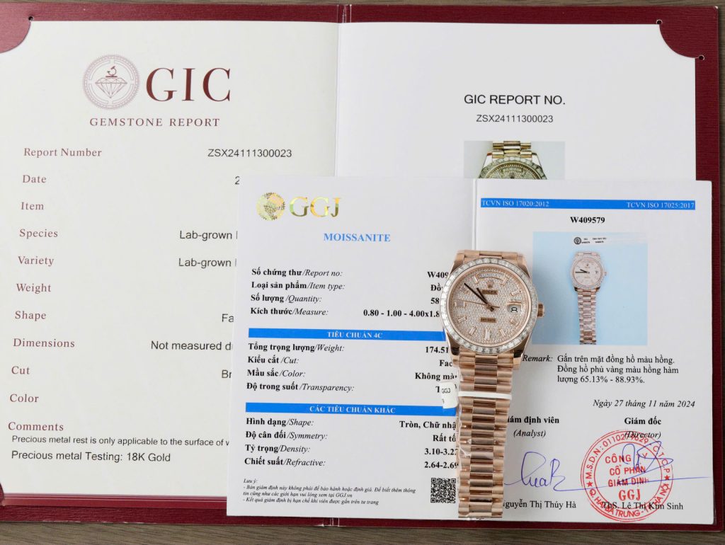 Đồng Hồ Rolex Day-Date Chế Tác Phủ Vàng Hồng Đính Đá Moissanite Hong Kong GMF 40mm (2)
