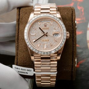 Đồng Hồ Rolex Day-Date Chế Tác Phủ Vàng Hồng Đính Đá Moissanite Hong Kong GMF 40mm (2)