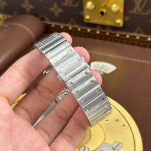 Đồng Hồ Cartier Santos Rep 11 Mặt Lộ Cơ Viền Vàng Dây Kim Loại 39 (1)